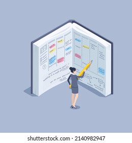 isometric vector image on a gray background, a woman in business clothes with a pencil near the diary