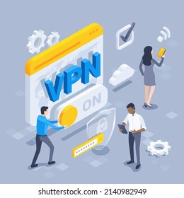 Isometric Vector Image On A Gray Background, A Man Turns On Vpn On The Program Window Through A Slider, People With Smartphones Use The Internet