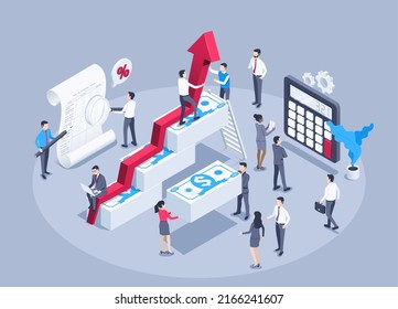 isometric vector image on a gray background, men and women in business suits and an arrow tending upwards above money piles, calculator  with documents, people work in a team of financial experts