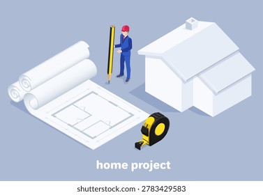 Isometric vector image on a gray background, a man in a business suit and builder's helmet is standing next to drawings of a house and a tape measure, construction documentation and engineering