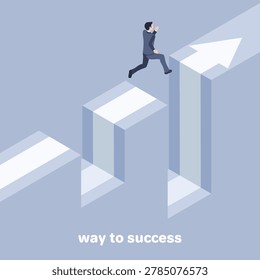 isometric vector image on a gray background, a man in a business suit jumps over failure, movement to success