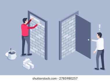isometric vector image on a gray background, a man stands in front of an open door behind which a brick wall, closed access