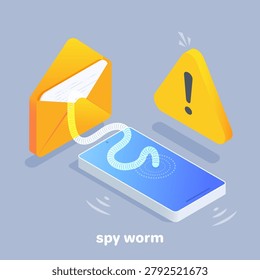 isometric vector image on a gray background, a transparent worm climbs out of an envelope with a letter and climbs into a smartphone screen, an exclamation mark in a triangle