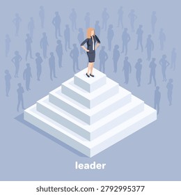 isometric vector image on a gray background, a woman in a business suit stands on top of a white pyramid, people silhouettes
