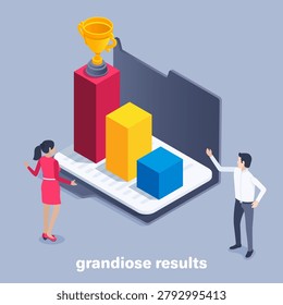 isometric vector image on a gray background, a man shows a woman in a red dress on an open folder with a growing graph with a cup, a grandiose result in business