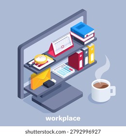 isometric vector image on a gray background, a set of elements on business subjects, on the shelves in the computer screen are different items for work, books next to the calendar and documentation