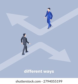 isometric vector image on a gray background, men in business suits walk along the roads in the form of arrows in different directions