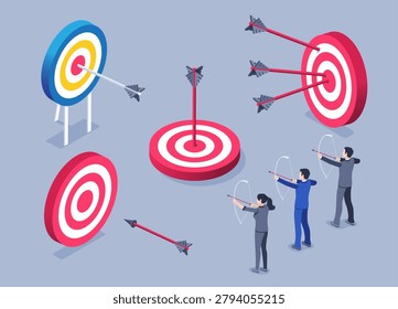 isometric vector image on a gray background, a set of targets and arrows as well as people with a bow, achieving a goal in business