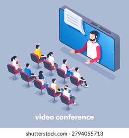 isometric vector image on a gray background, a man with glasses communicates online through a smartphone with students, distance learning