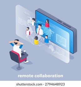 isometric vector image on a gray background, a man sits in a chair near the smartphone screen and communicates remotely with other people, remote collaboration