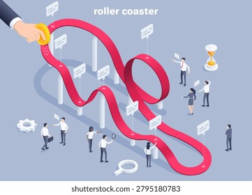 isometric vector image on a gray background, business people and roller coaster chart, male hand holds a gold coin, changing value of money