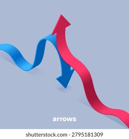 isometric vector image on a gray background, wave-shaped arrows of blue and red color directed oppositely up and down, flow and growth in the economy