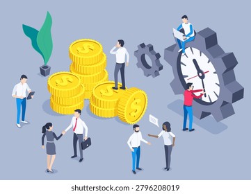 isometric vector image on a gray background, people near the clock in a big gears and columns of gold coins, time is money