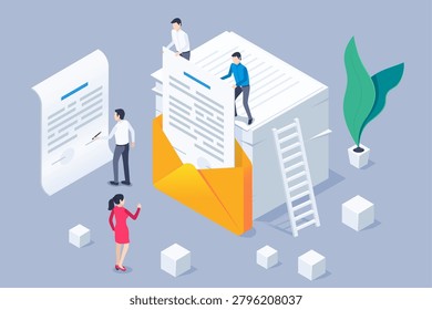 isometric vector image on a gray background, people on a stack of letterheads put a sheet of letterhead in an envelope, advertising mailing