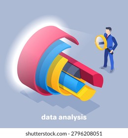 isometric vector image on a gray background, a man in a business suit with a magnifying glass looks at a complex diagram, financial data analytics