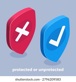 isometric vector image on gray background, shield icon with cross and check mark, protected or unprotected