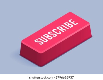 isometric vector image on gray background, big red button with inscription subscribe
