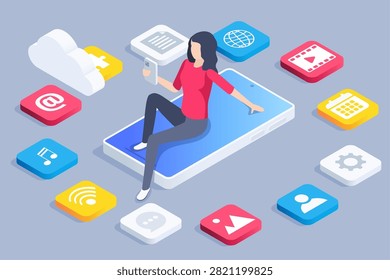 isometric vector image on a gray background, woman with smartphone and cloud, mobile applications on the cloud