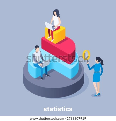 isometric vector image on a gray background, a man and a woman on a pie chart in the form of a pyramid, working with financial data and statistics