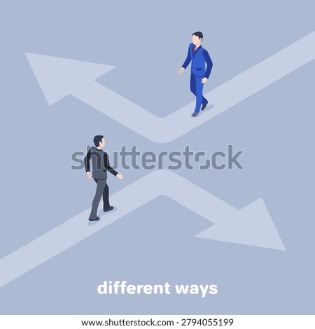 isometric vector image on a gray background, men in business suits walk along the roads in the form of arrows in different directions