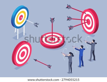 isometric vector image on a gray background, a set of targets and arrows as well as people with a bow, achieving a goal in business