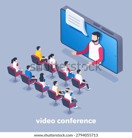isometric vector image on a gray background, a man with glasses communicates online through a smartphone with students, distance learning