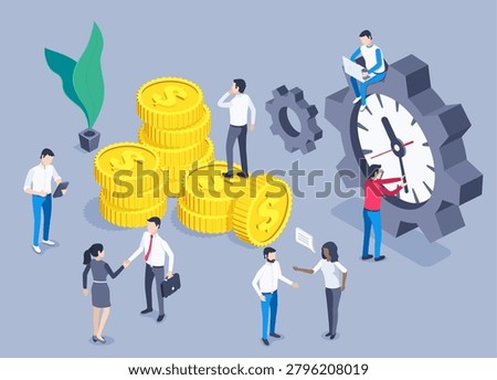 isometric vector image on a gray background, people near the clock in a big gears and columns of gold coins, time is money