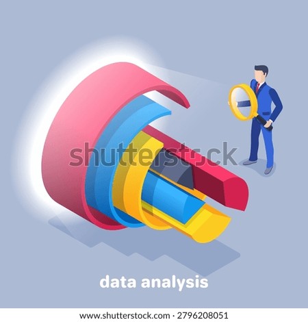 isometric vector image on a gray background, a man in a business suit with a magnifying glass looks at a complex diagram, financial data analytics