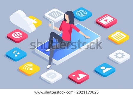 isometric vector image on a gray background, woman with smartphone and cloud, mobile applications on the cloud