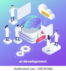 isometric vector image on a purple background, people in the laboratory work with artificial intelligence, digital brain
