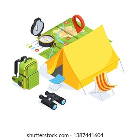 isometric vector image on a white background, set of elements on the theme of camping and tourism, backpacks and bicycles
