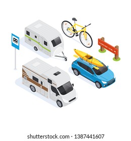 isometric vector image on a white background, set of elements on the theme of camping and transport for tourism, cars and bicycles