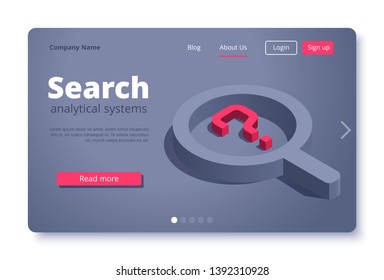isometric vector image on a white background, landing as a landing page for a web site, magnifying glass with a question mark, searching and analyzing data