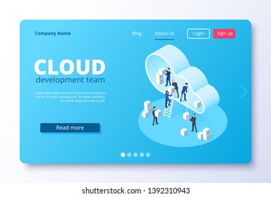 isometric vector image on a white background, landing as a landing page for a web site, people in business suits move blocks in the cloud