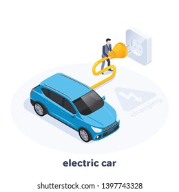 isometric vector image on a white background, a man in a business suit connects his car to the outlet, charging an electric car