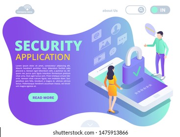 isometric vector image on a white background, a landing design on the theme of security application, a man and a woman are standing near a smartphone on the screen is a lock, data protection
