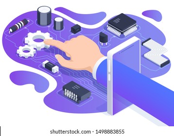 isometric vector image on a white background, the hand of a man in a business suit passes through the screen of a smartphone, gears and radio components on the board, repair and tuning of electronics