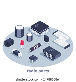 isometric vector image on a white background, a set of radio components and parts, sale and repair of electronics