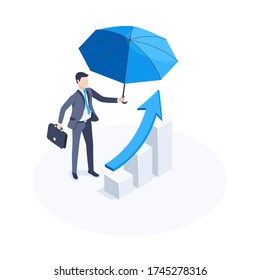 Isometric vector image on a white background, a man in a business suit with a blue umbrella stands near the chart with an arrow going up, business success and care