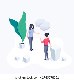isometric vector image on a white background, business women communicate in the office, conversation