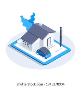 isometric vector image on a white background, home and car icon on a tablet with an insurance document and a pen for signing