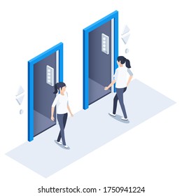 Isometric vector image on a white background, a woman enters the elevator and another goes, an elevator in the office