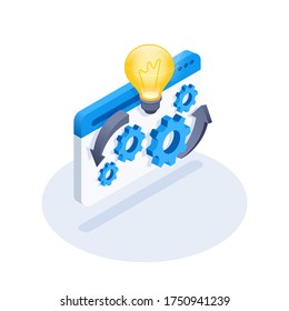 isometric vector image on a white background, gears web page icon and glowing light bulb, idea generation