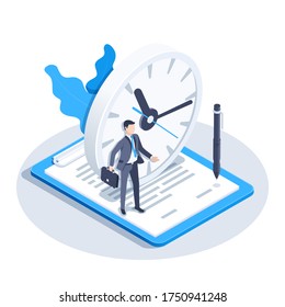 isometric vector image on a white background, a man in a business suit stands on a document near the clock, temporary contract