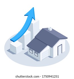 isometric vector image on a white background, a rising chart icon with a blue arrow and a house, real estate market