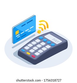 Isometric vector image on a white background, payment terminal icon and credit card