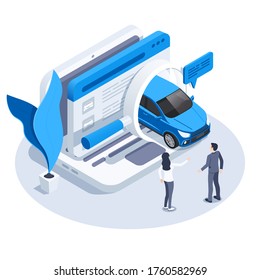 Isometric Vector Image On A White Background, A Laptop Icon And A Car Driving Out Of A Magnifier, A Man And A Woman Choose A Car To Buy Online