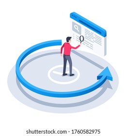 isometric vector image on a white background, a man with a magnifying glass looks at the application history and the arrow going counterclockwise