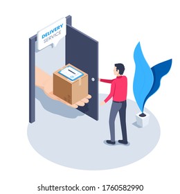 isometric vector image on a white background, a man in a red shirt stands in front of an open door in which a hand with a box and a delivery document is stuck, delivery service