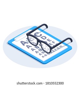 isometric vector image on a white background, a tablet with a printed test for a vision and glasses. An advertisement for an ophthalmological center